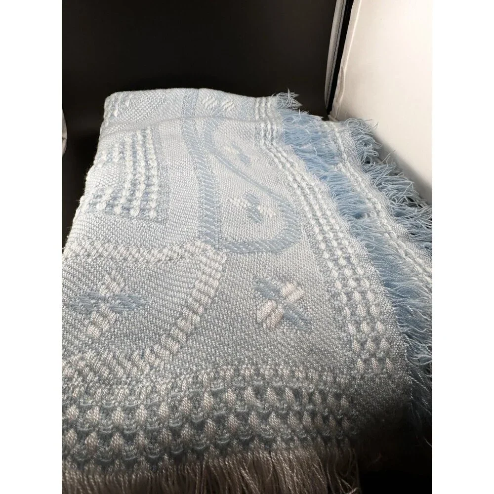 Vtg Baby Security Blanket Bumble Bee Design Blue White Fringed‎ Woven Acrylic